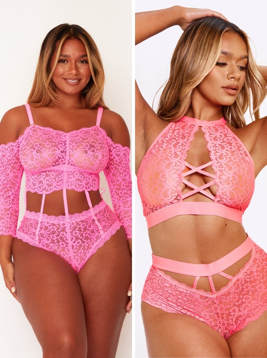 Two images of a woman wearing a pink lace lingerie set on a white background.