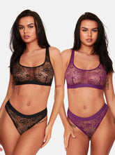 Millie-Mae Twin Pack Crop Bralettes and Brief Set : Black & Velvet Purple
